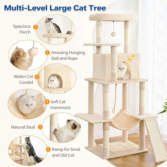 Cat Tree Tower 63in Multi-Level Cat Tower for Indoor Cats with Sisal Scratching Posts, Condo, Hammock, Dangling Ball and Extended Platform for Cats to Play, Beige