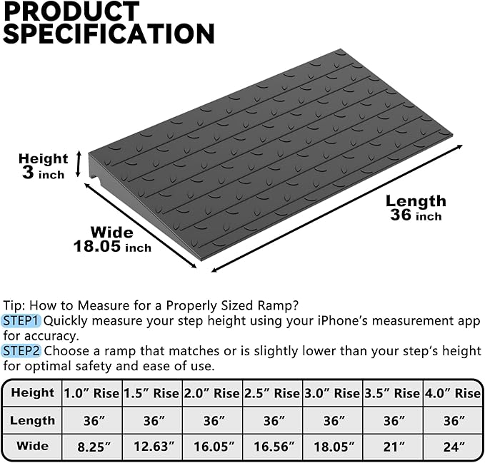 3" Rise Rubber Threshold Ramp for Doorways, 36" Wide Wheelchair Ramp 5500 Lbs Capacity, Entry Curb Ramp with Non-Slip Surface, for Wheelchairs, Scooter, Power Chairs, Driveways