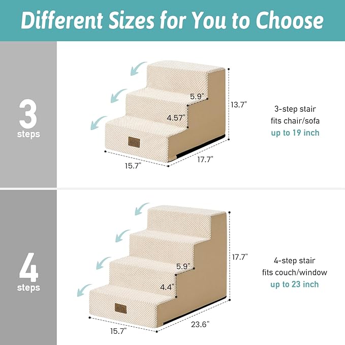Dog Stairs for Small Dogs, 3 Tier Pet Stairs for Couch, 13.5" H Non-Slip Dog Steps for Old Cats, Puppy, Small Dogs, 15.7x17.7x13.5 inch, Beige