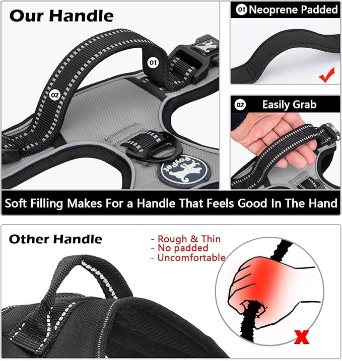PoyPet No Pull Dog Harness, No Choke Front Clip Dog Reflective Harness, Adjustable Soft Padded Pet Vest with Easy Control Handle for Small to Large Dogs(Grey,M)