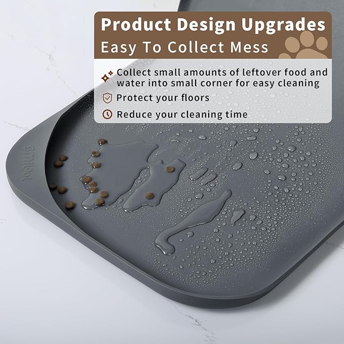 Silicone Pet Food Mat with Raised Edge for Food and Water Bowl, Dog Feeding Mats, Cat Food Trays for Floor Waterproof, Rubber Tray for Dogs and Cats, 17 x 12 x 0.7 Dark Gray