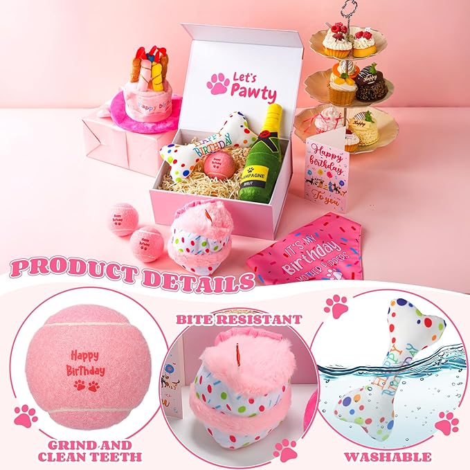 10 Pcs Dog Birthday Toy Set Dog Birthday Cake Bone Wine Bottle Hat Bib Ball Card Ribbon Plush Pet Gifts for Small Medium Puppy Squeaky Dogs Pet Toy Party Supplies(Pink)