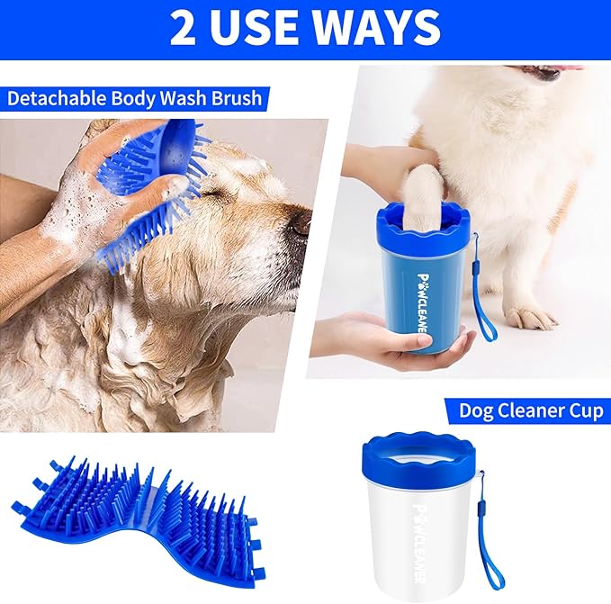 Professional 7 in 1 Dog Paw Cleaner for Dogs - Includes 1 Portable Paw Washer, 1 Bath Brush, 2 Dog Toothbrushes and 3 Absorbent Towels Note: Fits Paws 1.5 to 2.5 Inches Wide (Medium, Navy Blue)