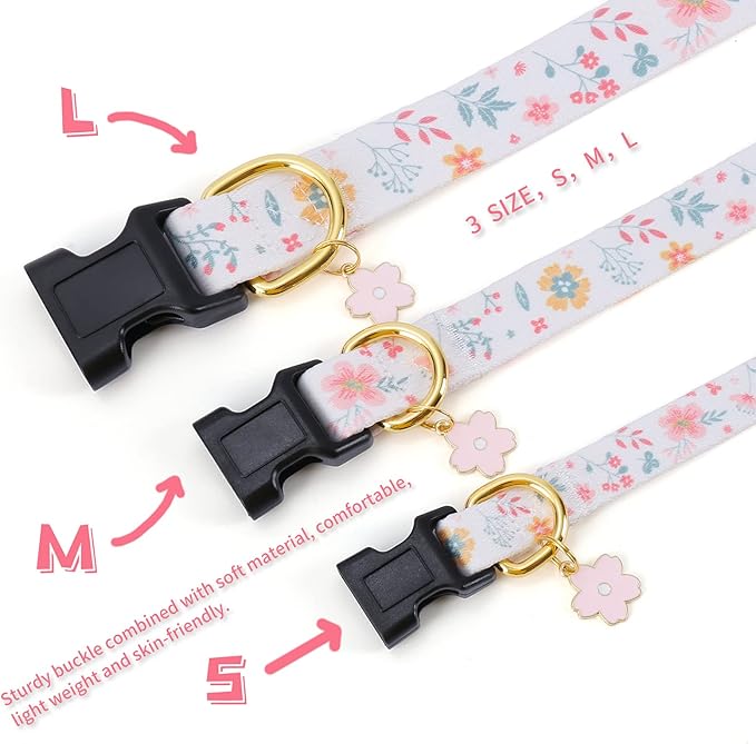 Cotton Handmade Dog Collar for Small Medium Large Dogs,White Flowers with Pendant Cute Dog Collars (Large)