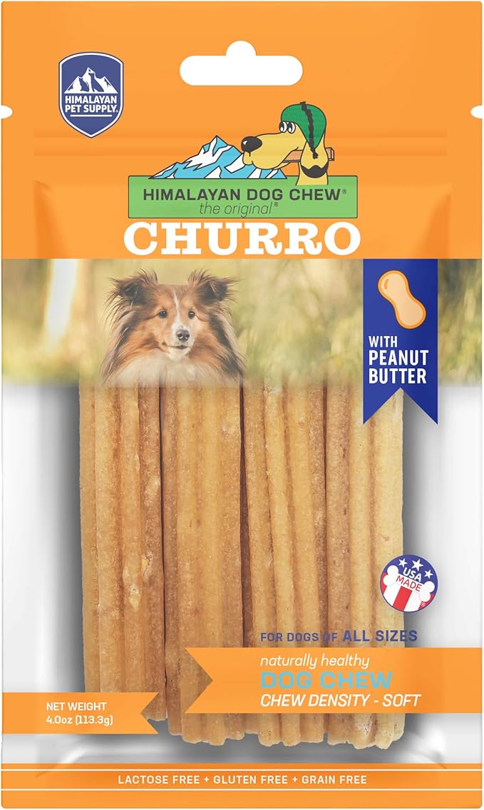 Himalayan Dog Chew Churro Yak Cheese Dog Chews, 100% Natural, Long Lasting, Gluten Free, Healthy & Safe Dog Treats, Lactose & Grain Free, Protein Rich, Real Peanut Butter Flavor, 4 Churros Per Pouch