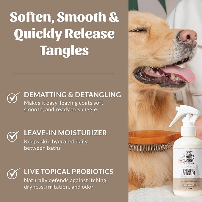 Skout's Honor Probiotic Pet Detangler Spray - Hydrating & Conditioning with Avocado Oil, 97% Natural, Paraben & Sulfate-Free, softens for a More brushable Coat, Daily Use, 8oz, Dog of The Woods