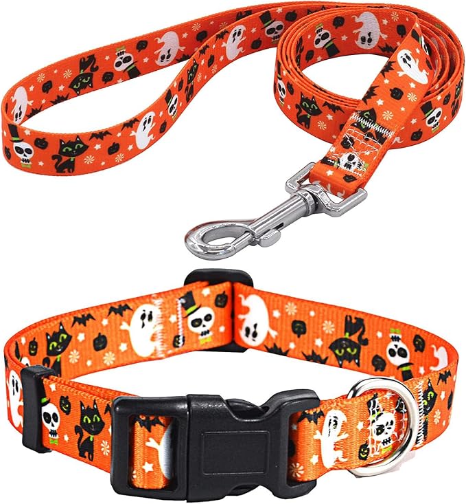Halloween Dog Collar and Leash Set - Pumpkin Bat Ghost Pattern - Adjustable for Small Medium Large Dogs(Halloween Set,L)