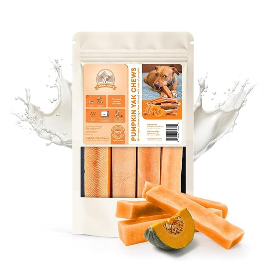KATHMANDU'S 100% Natural Pumpkin Flavored Yak Chews – Keep Dogs Busy & Happy with Our Lactose&Rawhide Free Himalayan Dog Chews - Long Lasting Dental Treats for Aggressive Chewers (Large, Pack of 4)