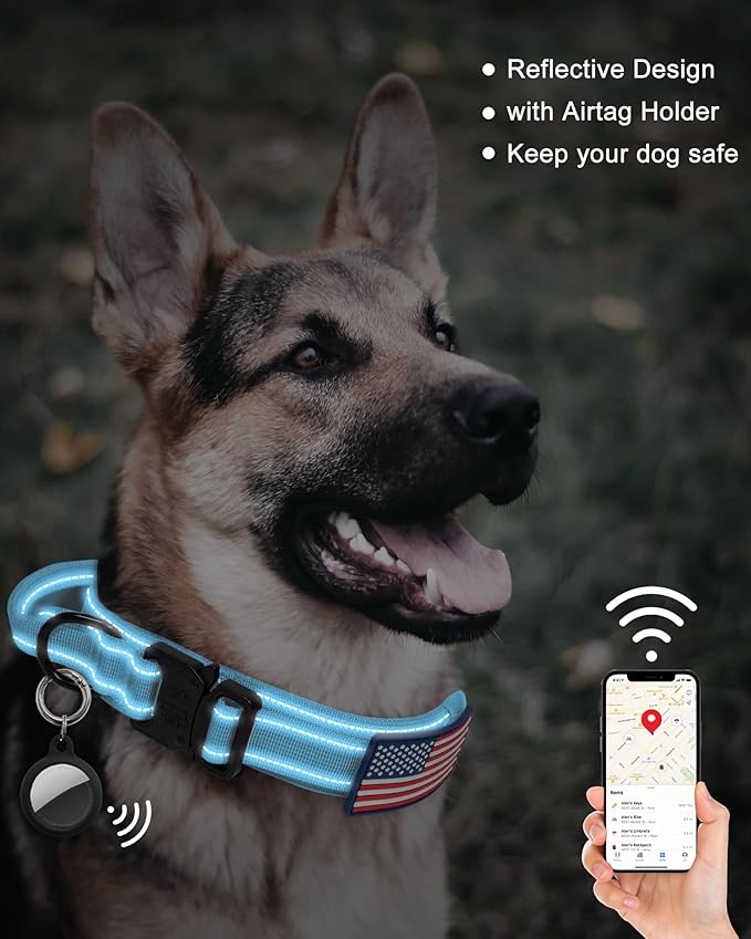 AUBELL Tactical Dog Collar and Leash Set, Reflective Adjustable Heavy Duty Military K9 Collars with Handle and Metal Buckle for Extra Large Dogs, with Airtag Case and 2 Patches(Blue,XL)