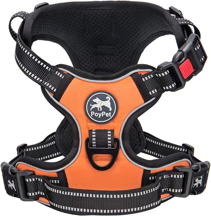 PoyPet No Pull Dog Harness, No Choke Front Clip Dog Reflective Harness, Adjustable Soft Padded Pet Vest with Easy Control Handle for Small to Large Dogs(Orange,S)