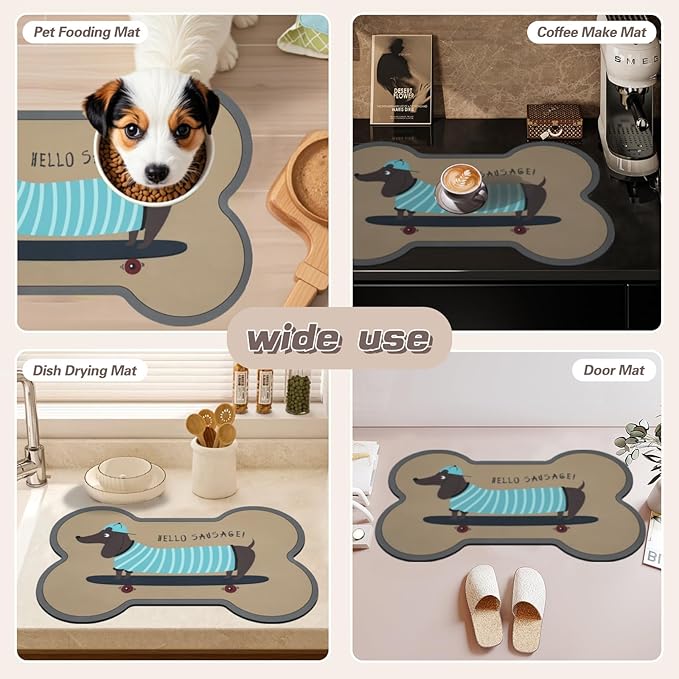 Le couranT Plastic Placemat for Food and Water Bowl, Absorbent-No Stains Quick Dry Dog Water Bowl Dispenser with Waterproof-Anti-Slip Backing Pet Placemat for Messy Drinkers, Lovely dachshund-16x24 in