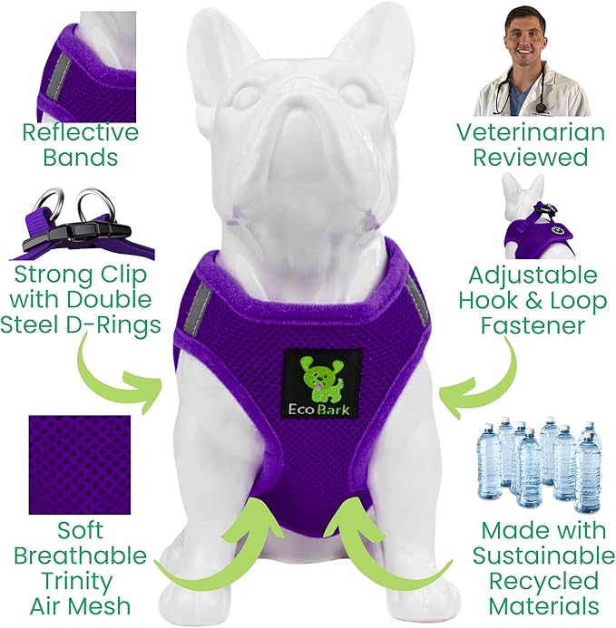 EcoBark Step in Dog Harness - Eco-Friendly Teacup Dog Harnesses for XXS, XS, and Small Dogs - Reflective and Adjustable Mini Body Halter Vest -Tiny Soft Mesh Toy Breed Harness (XXXS,Purple)
