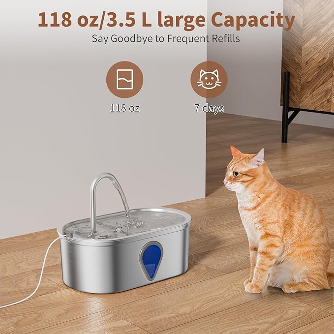Cat Water Fountain Stainless Steel, 3.5l/118oz Cat Fountain with Water Level Window Silent Pet Fountain for Drinking, Automatic Cat Water Dispenser Indoor（118oz）