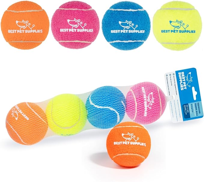 Best Pet Supplies Interactive Squeaky Dog Chew Toy, Ideal Dog Toys for Chewers, Small, Medium & Large Dogs, and Fetch Lovers - Tennis (Assorted Color), Large (Pack of 4)