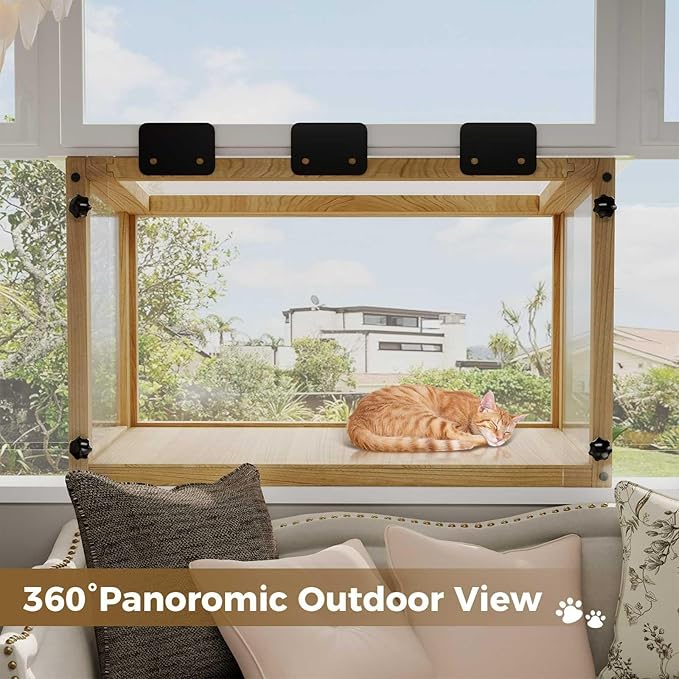 Cat Window Perch Outdoor Enclosure, Wooden Catio Weatherproof Window Box with Clear Acrylic Panels, 360° View Sunbathing Ledge for Indoor Cats