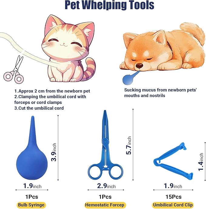Puppy Kitten Whelping Kit, Newborn Dogs Cats Pet Whelping Kit with 6P Record Keeping Charts, 15P Pet ID Collars, 1P Aspirator Bulb, 15P Umbilical Cord Clip, 1P Hemostatic Forcep
