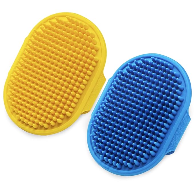 Dog Grooming Brush, Lilpep Pet Shampoo Bath Brush Soothing Massage Rubber Comb with Adjustable Ring Handle for Long Short Haired Dogs and Cats (Blue+Yellow, pack of 2)