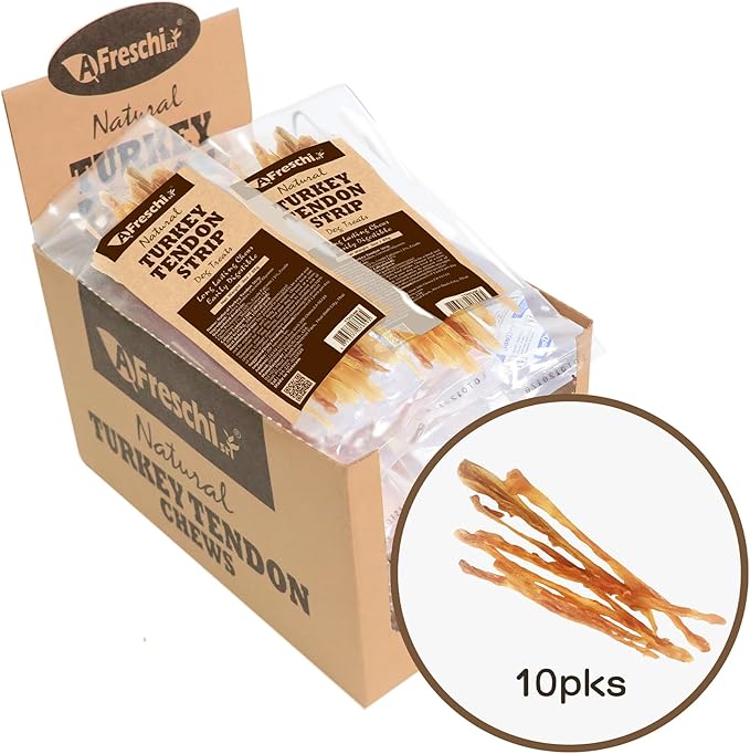 A Freschi srl Turkey Tendons for Dogs, Long-Lasting, Hypoallergenic Rawhide Alternative, Human Grade, Healthy Puppy Chews, Natural Dog Treats for Small Dogs, Strips, 10 Pack Box