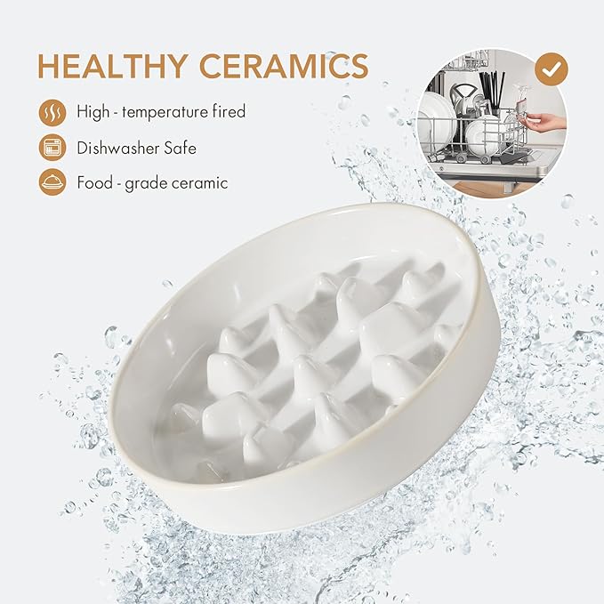 Ceramic 1.6 Cup Dog Bowl Slow Feeder for Fast Eaters, 8.2inch Slow Pet Food Dish for Medium and Large Dog, Stop Bloat, Preventing Choking(Single Bowl,Reactived Glaze -White)