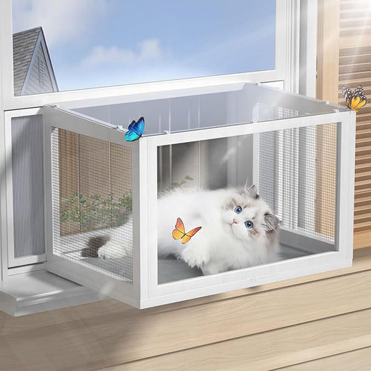 Cat Window Box Catio, Clear Acrylic Outdoor Cat Enclosure, Expandable Universal Cats Window Perch (25.4"-43.3"), Weatherproof & Easy-Install Kitty Balcony for Sunbathing & Birdwatching (Grey)