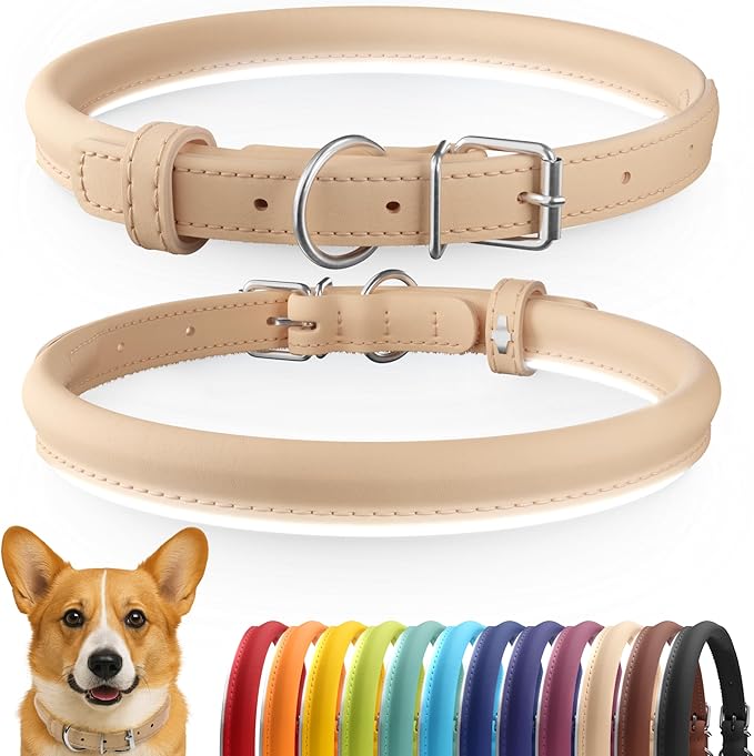 CollarDirect Rolled Leather Dog Collar, Soft Padded Round Puppy Collar, Handmade Genuine Leather Collar Dog Small Large Cat Collars 13 Colors (11-14 Inch, Beige Smooth)