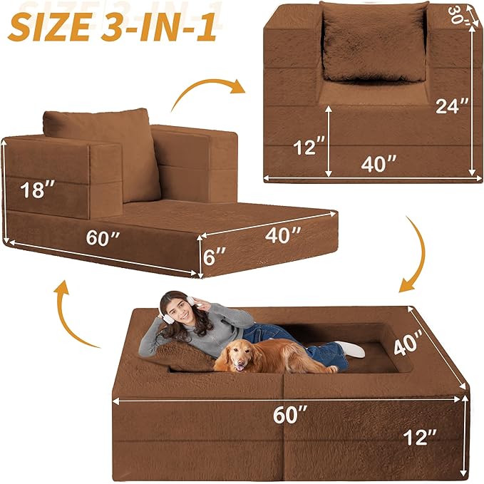 Futon Sofa Bed with Pillow, 3-in-1 Sleeper Sofa Bed with Removable Cover, Convertible Floor Sofa Bed, No Assembly Boneless Couch for Living Room, Bedroom