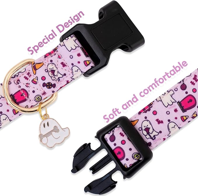 Faygarsle Fall Dog Collar Adorable Ghost Pattern Halloween Collar for Dogs Autumn Collars for Small Medium Large Female and Male Dog Cute Neckwear for Dogs Purple Collar for Boy Girl Dogs XS