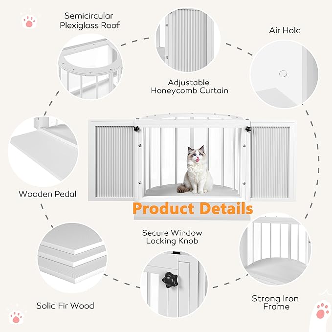 Cat Window Box, Semicircular Adjustable Window Catio, Wooden Cat Window Perch Fits Vertical Window Frames 26" to 42" Wide, Sunbathing, Napping & Overlooking, White