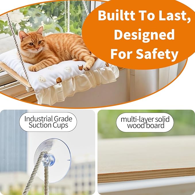 Cat Window Perch, Heavy Duty 20KG/44LB Suction Cup Hammock Bed with Soft Cushion, Secure & Stable Window Mount for Lazy Time, Bird Watching, Safe for Large Cats, 18.9"x14.5" (Yellow Duck)