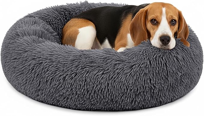 PetAmi Calming Dog Bed for Small & Medium Dogs and Cats, 30 Round Donut Dog Bed, Washable Fluffy Faux Fur Puppy & Cat Bed, Anti-Anxiety Plush Cuddler Pet Bed with Anti-Slip Bottom - Dark Gray