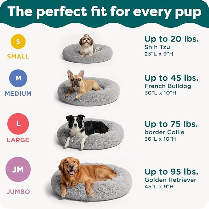 Furhaven 36" Round Calming Donut Dog Bed for Large/Medium Dogs, Refillable w/ Removable Washable Cover, For Dogs Up to 75 lbs - Shaggy Plush Long Faux Fur Donut Bed - Gray, Large