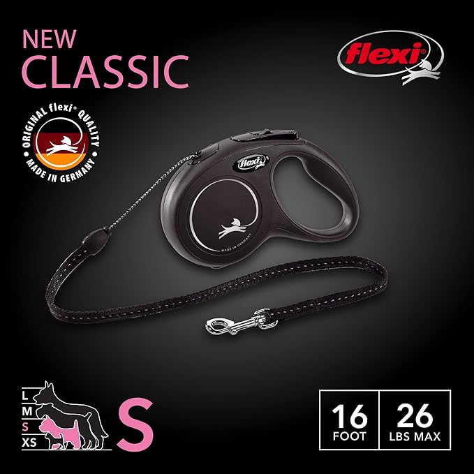 FLEXI New Classic Cord Retractable Dog Leash for Small Dogs up to 26 lbs. – 16 ft., Black | Tangle-Free Pet Walking Leash with One-Handed Brake, Pause, Lock|German Quality Product