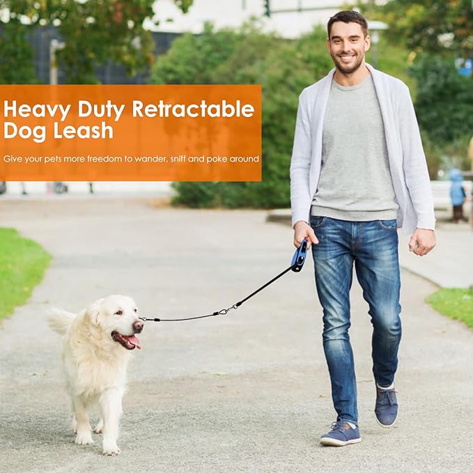 Retractable Dog Leash with Chew Proof Cable and LED Flashlight, 16Ft Heavy Duty Dog Leash for Medium Large Dogs up to 110lbs, 360째 No Tangle (Blue+16ft+LED)