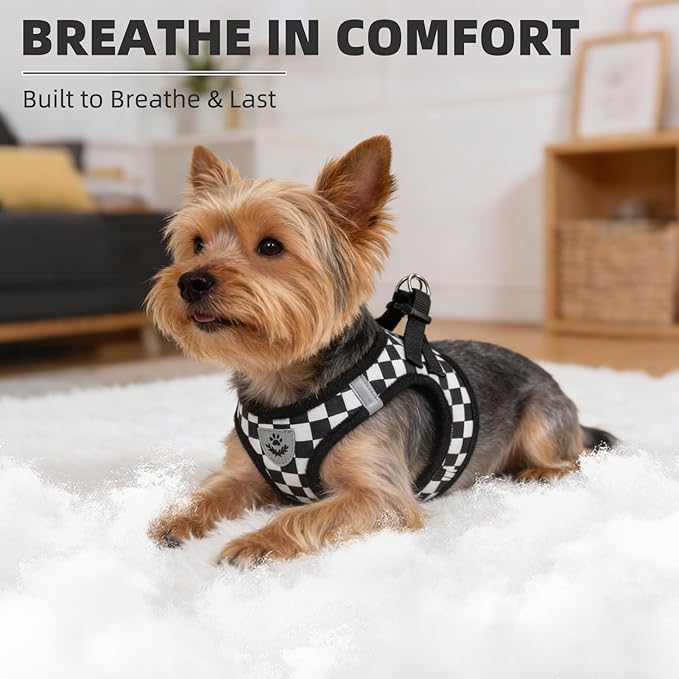 PUPTECK Adjustable Dog Harness Collar and Leash Set Step in No Pull Pet Harness for Small Medium Dogs Puppy and Cats Outdoor Walking Running, Checkered Black&White L