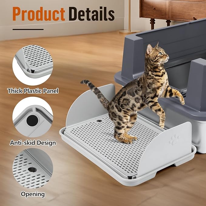Cat Litter Box Step with Removable Splash-Proof Baffles, Large Pet Ramp for Litter Box with Filter Function Double Layer Cat Pedal Footrest Splash-Proof Easy to Clean (Light Grey)