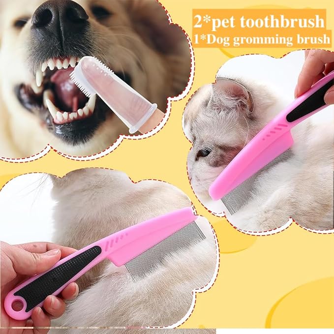 7 Pcs Cat Dog Brush Grooming Kits, Self-Cleaning Slicker Brush, Pet Nail Clipper and File, Flea Comb, Pet Shampoo Bath Brush, Pet Finger Toothbrush, Storage Bag (Pink)