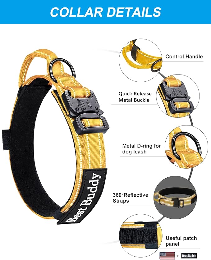 AUBELL Tactical Dog Collar and Leash Set, Reflective Adjustable Heavy Duty Military K9 Collars with Handle and Metal Buckle for Extra Large Dogs, with Airtag Case and 2 Patches(Yellow,XL)