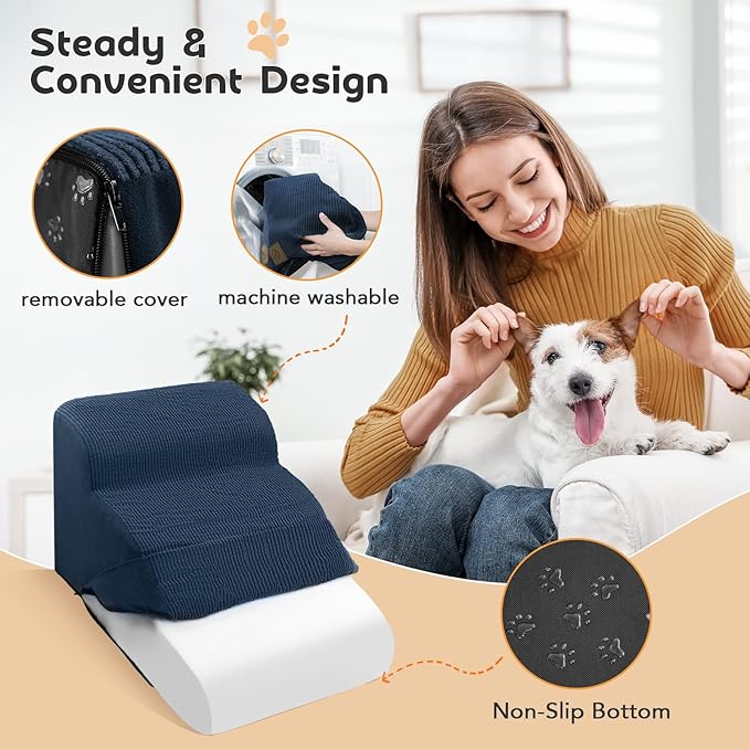 Mestuel Dog Stairs for Small Dogs, Dog Stairs to Couch Sofa Bed, 3 Steps Pet Stairs Ramp with High Density Foam& Non Slip Bottom, Dog Steps Ramp Ladder Hold up to 60 lbs, Blue