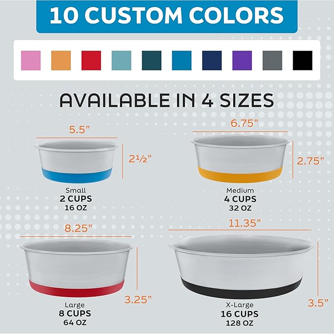 Master Pet Supply Stainless Steel Dog Bowls Set of 2 with Extra Thick Silicone Base - 8 Cup (64 oz) Graphite, Non-Slip, Dishwasher Safe Metal Bowls, Pet Dog Food Bowl for Dogs, Cats, Anti Rust