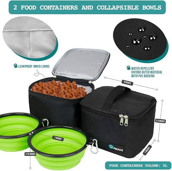 PetAmi Dog Travel Bag - Organizer with Food Container, Bowls & Accessories for Weekend Camping, Cat Diaper Bag (Black, Large)