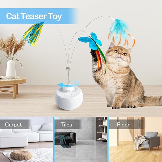 Migipaws Interactive Cat Toys, Butterfly & Feather Kitten Toy,Automatic Spinning Ball for Indoor Bored Cats,Self Play Intelligent Touch Senser, 3 Replacements