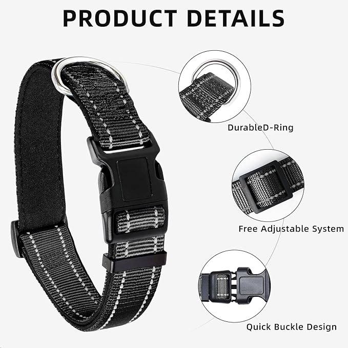 Reflective Dog Collar for Extra Large Dogs, Adjustable Collar with Soft Neoprene Padded, Durable Buckle for Daily Walking,Black,XL
