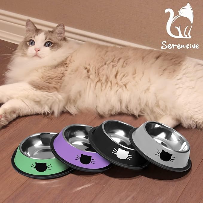 2 Pcs Non-Slip Stainless Steel Small Cat Food Bowls - Unbreakable, Thicken 13 Oz Cat Dishes - Indoor, Removable Rubber Base, Easily Clean, Lovely Color
