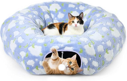 Cat Tunnels for Indoor Cats, 35'' Plush Cat Tunnel Bed with Playful Ball and Circle Cushion, Multifunctional Peekaboo Cat Cave, Interactive Toy Gift for Cats, Kittens, Rabbits, Blue&Cloud