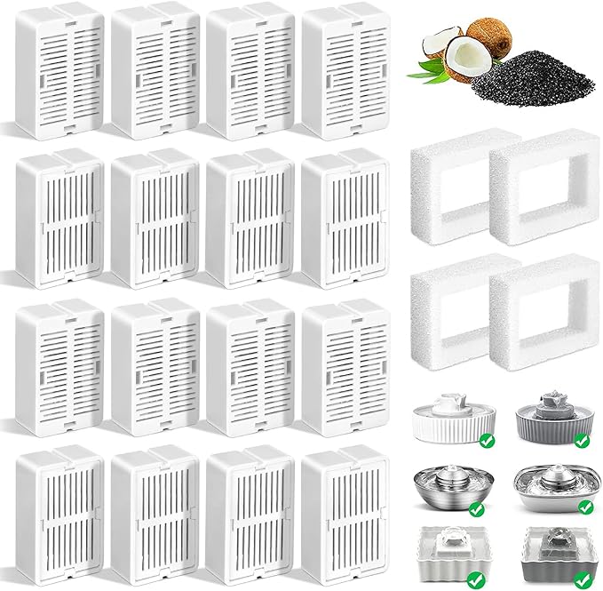 16 Pack Replacement Filters for 360° CupCake Ceramic Pet Fountain, GISOFIK Cat Water Fountain Filter, Triple Filtration Pet Fountain Filter, Ceramic Cat Fountain Filters with 4 Foam Sponges
