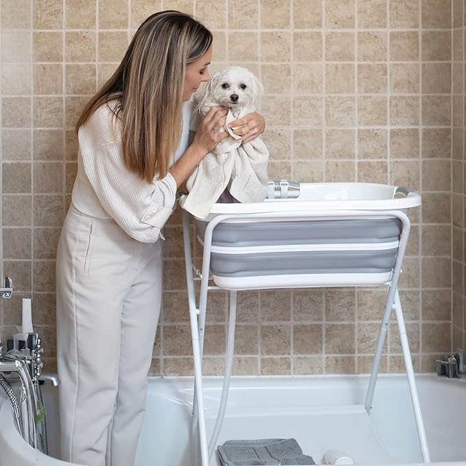 2 in 1 Dog Bath Tub Dog Washing Station with Bath Brush for Bathing and Grooming, Elevated Collapsible Foldable Portable Shower Bathtub for Small Dogs Cats Pet with Scrubber
