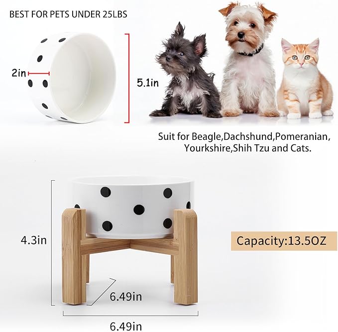 Petygooing Elevated/Raised Ceramic Dog Bowl for Small Breeds, Dog Food Water Dish with Stand,Pet Feeding Bowl with Anti Slip Rubber for Cats and Small Dogs Puppy 13.5 OZ (5.1In / 1.7 Cups) Black Dot