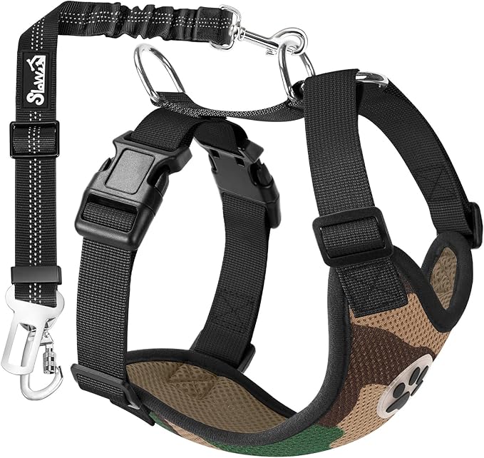 Lukovee Dog Seat Belt for Car, Adjustable Dog Car Harness for Large Medium Small Dogs, Soft Padded & Breathable Mesh Dog Seatbelt with Car Strap and Carabiner (Camouflage,M)