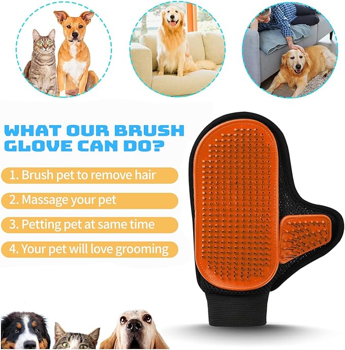2025 Pet Grooming Glove with Tipped Pin Brush,Special Design Deshedding Glove, Perfect Petting Tool for Sensitive Dogs & Cats with Long & Medium Fur, Massage Mitt - Right-Hand - Orange