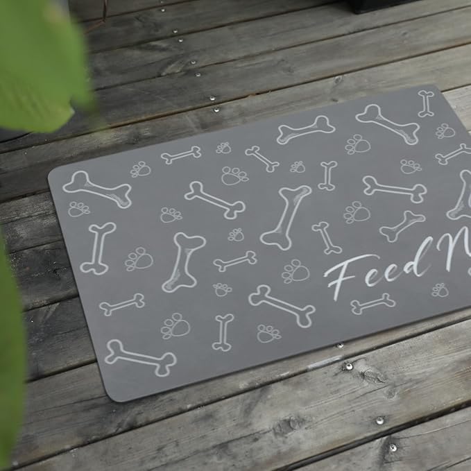 Le courant Dog Bowl Mats for Feeding, Cat Feeding Mat, Non-Slip Super Absorbent,No Stains Quick Dry Dog Water Dispenser.for Messy Drinkers.Easy Clean.Grey.Bone Printing-15.7x23.6 in